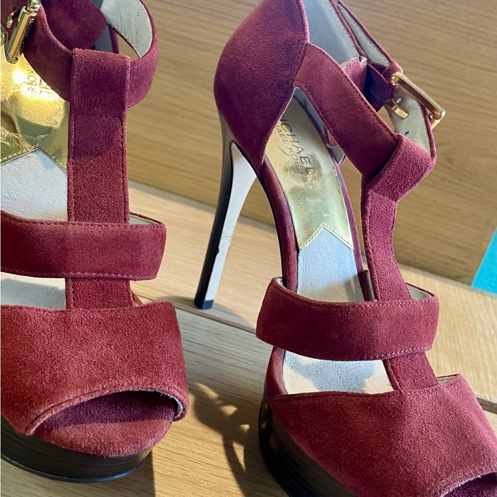 Burgundy suede stiletto sandals by Michael Kors